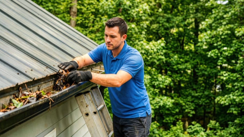 A man standing on an aluminum extension ladder manually scooping out wet leaves and debris from a clogged residential eavestrough system beneath a metal roof.