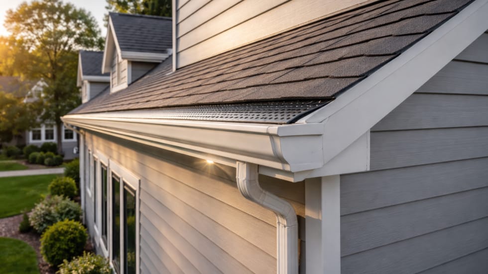 White eavestrough gutter system equipped with a perforated metal leaf guard filter, installed on a residential house with grey siding and asphalt roof shingles.