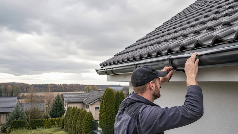 A licensed professional installer fitting a commercial-grade eavestrough system along a residential roof edge.