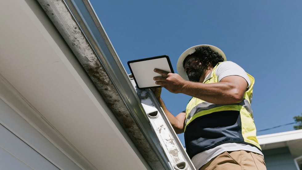 A professional contractor wearing a hardhat and high-visibility vest standing on a ladder while using a digital tablet to inspect a home's eavestrough system.
