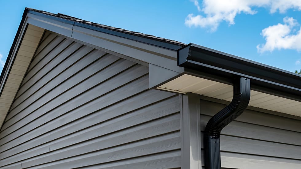Newly installed black seamless eavestrough and downspout system on a grey siding home in Barrie.
