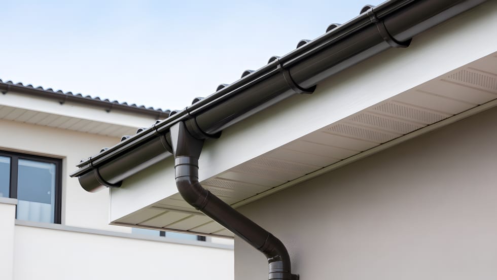 Dark brown seamless eavestrough and downspout system installed on a modern home.