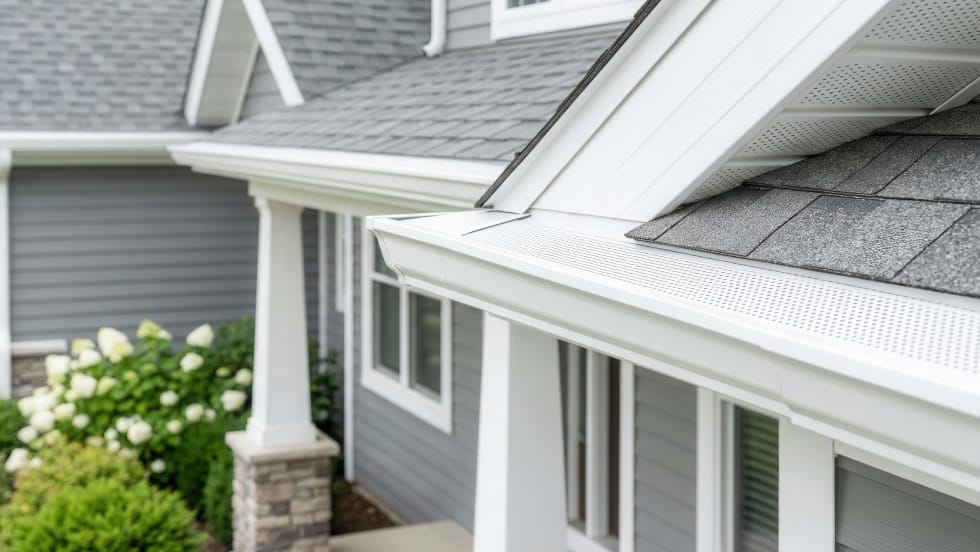 Close-up view of white perforated micro-mesh gutter guards installed on seamless white eavestroughs along the roofline of a grey residential home with white trim.