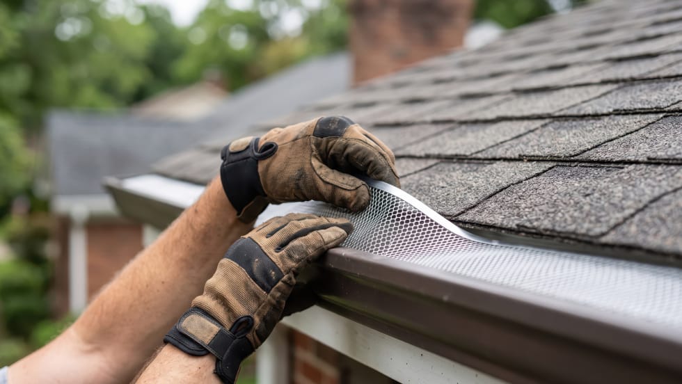 A worker wearing heavy-duty gloves installing a micro-mesh gutter guard onto an eavestrough along a shingled roofline.