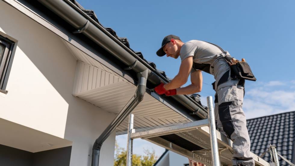 Contractor on scaffolding repairing a dark grey eavestrough along the roof edge of a white house, with a downspout and soffit visible below.